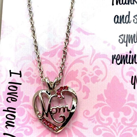 incredibly gorgeous silver toned heart shaped pink rhinestone mom charm necklace - Picture 1 of 3